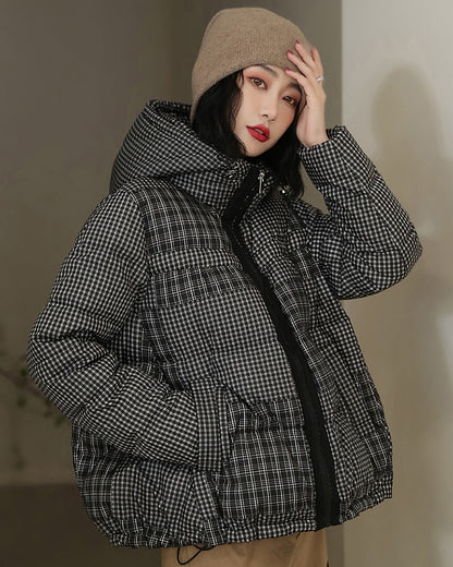 Vintage Plaid  Hooded Short Down Jacket