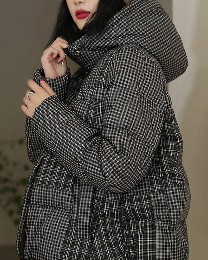 Vintage Plaid  Hooded Short Down Jacket