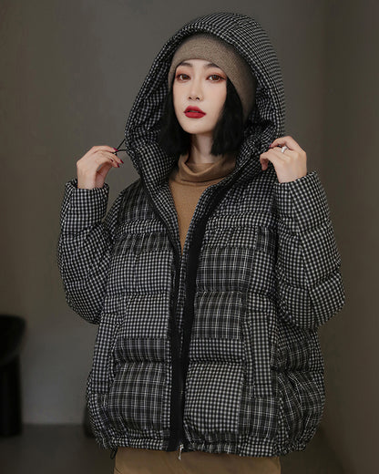 Vintage Plaid  Hooded Short Down Jacket